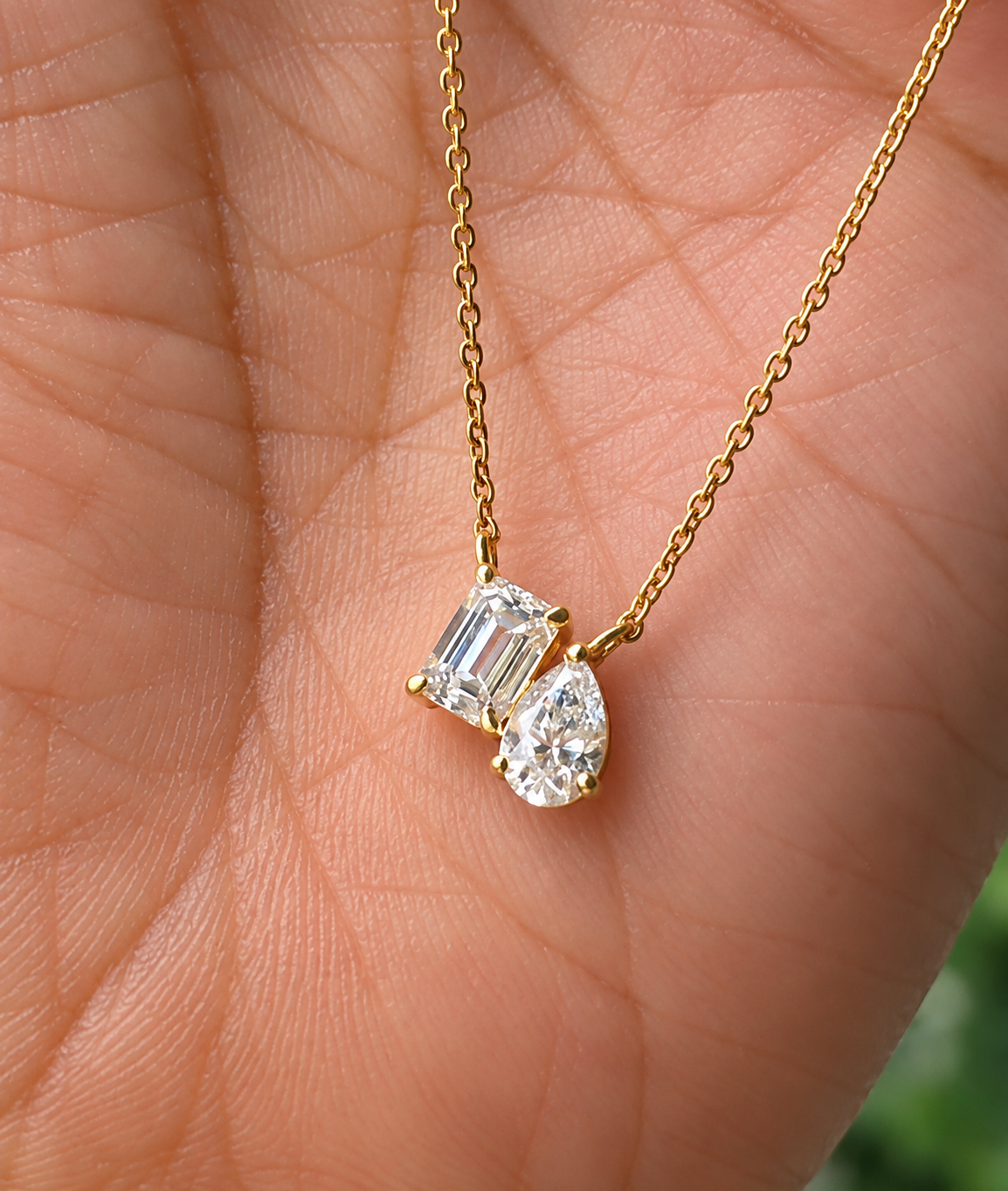 Emerald & Pear Cut Lab Grown Diamond Necklace, Two Stone Diamond Pendant, Yellow Gold Minimalist Necklace For Her