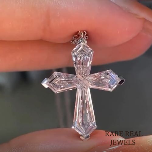 Baguette Lab Grown Diamond Cross Necklace: 14K White Gold Pendant