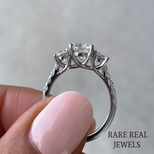 2.00ct Round Lab Grown Diamond Three Stone Pave Setting Engagement Ring mom's gift