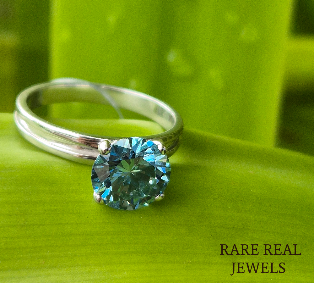 Luxury Round Blue Diamond Solitaire Engagement Ring in 925 Silver  – Classic Four Prong Blue Diamond Ring for Women