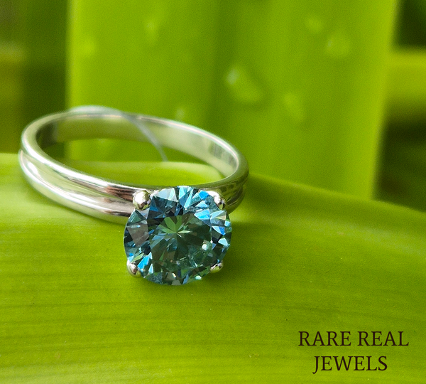 Luxury Round Blue Diamond Solitaire Engagement Ring in 925 Silver  – Classic Four Prong Blue Diamond Ring for Women