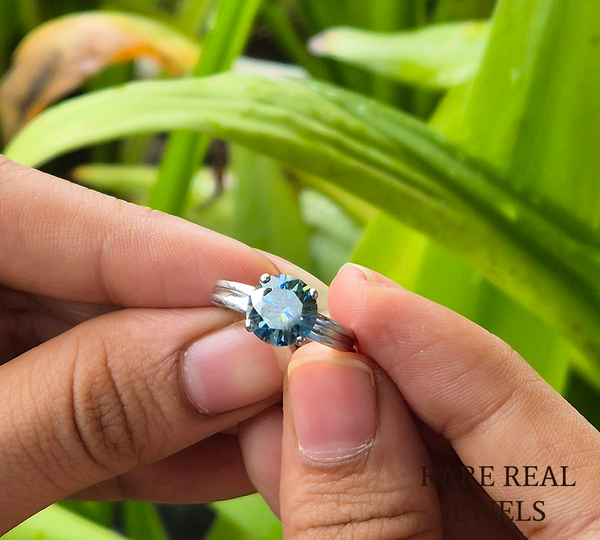 Luxury Round Blue Diamond Solitaire Engagement Ring in 925 Silver  – Classic Four Prong Blue Diamond Ring for Women
