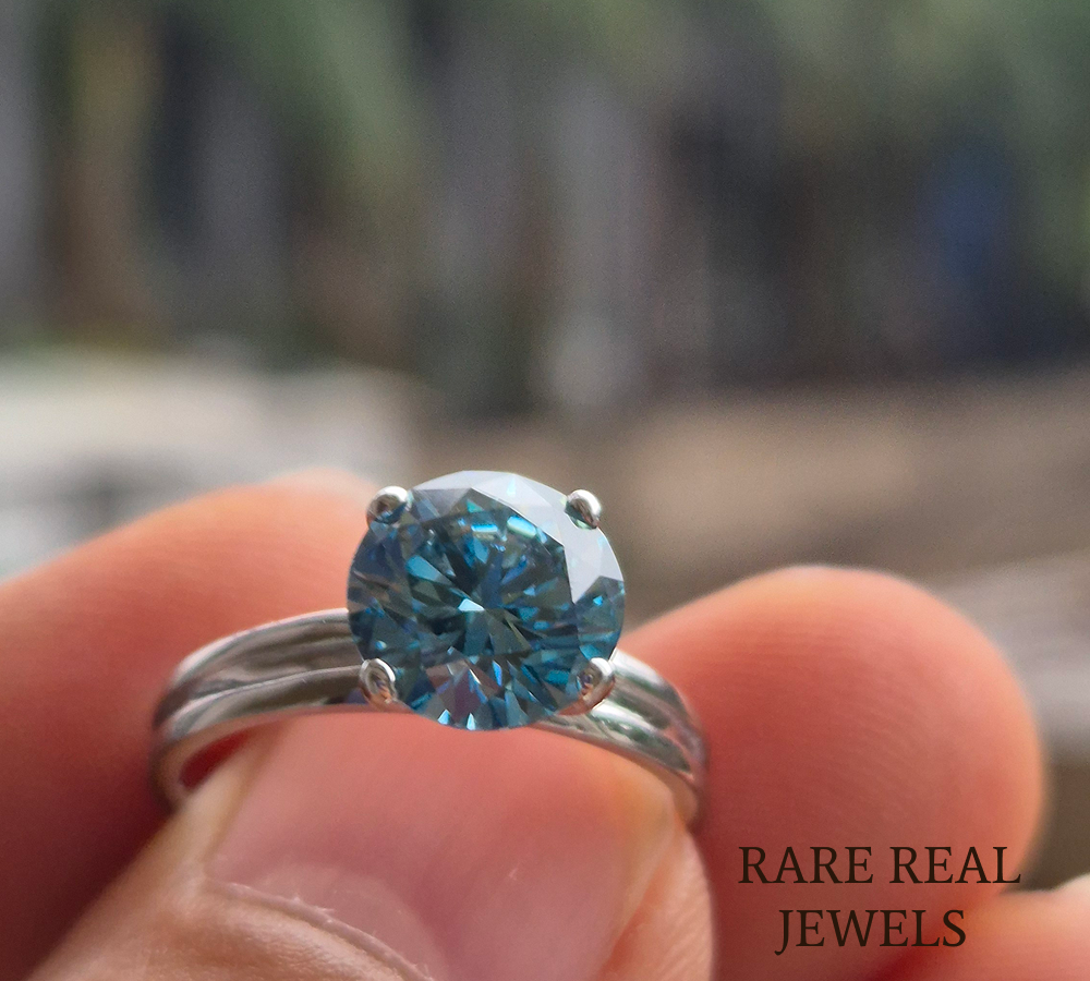 Luxury Round Blue Diamond Solitaire Engagement Ring in 925 Silver  – Classic Four Prong Blue Diamond Ring for Women
