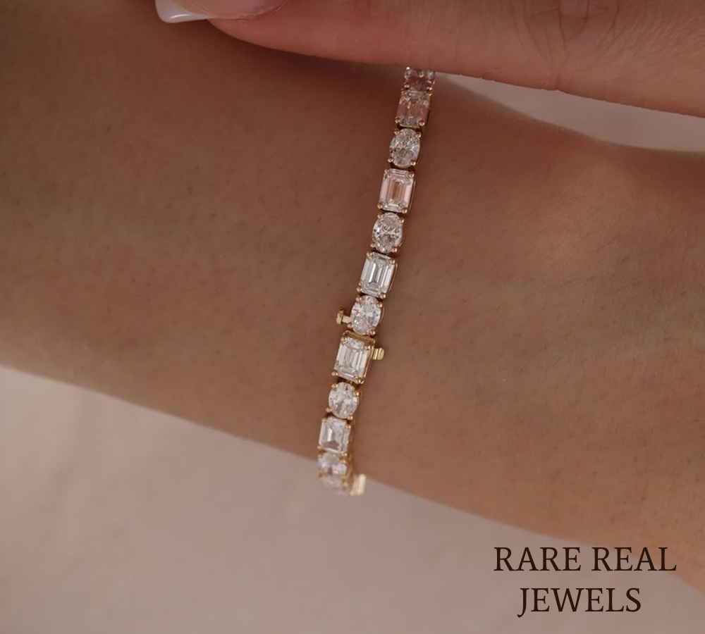 Oval & Emerald Cut Lab Grown Diamond Tennis Bracelet in 18K Yellow Gold | Mixed Shape Diamond Bracelet