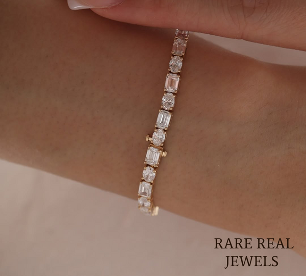 Oval & Emerald Cut Lab Grown Diamond Tennis Bracelet in 18K Yellow Gold | Mixed Shape Diamond Bracelet