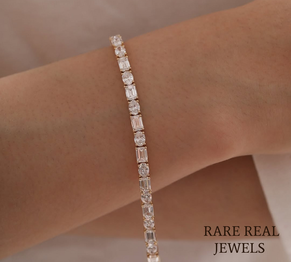 Oval & Emerald Cut Lab Grown Diamond Tennis Bracelet in 18K Yellow Gold | Mixed Shape Diamond Bracelet