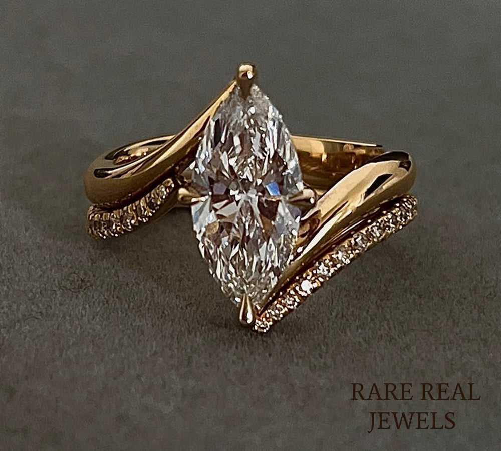 Marquise Cut Diamond Engagement Ring, 14K Yellow Gold Bypass Ring, Minimalist Bridal Ring, Marquise Solitaire, Anniversary Gift Main image