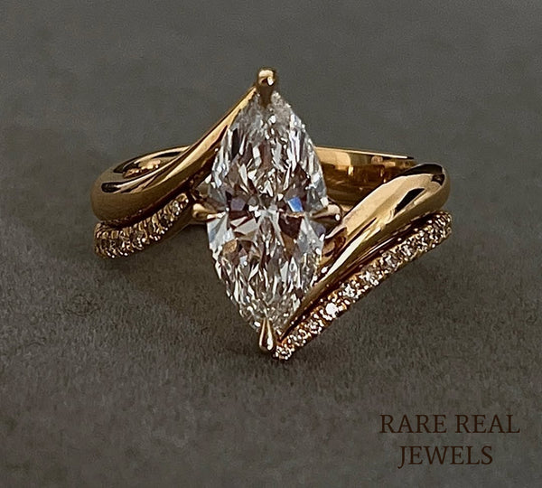 Marquise Cut Diamond Engagement Ring, 14K Yellow Gold Bypass Ring, Minimalist Bridal Ring, Marquise Solitaire, Anniversary Gift