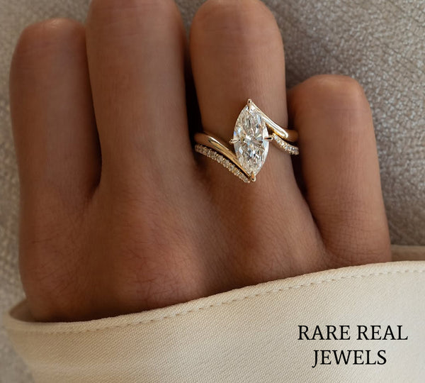 Marquise Cut Diamond Engagement Ring, 14K Yellow Gold Bypass Ring, Minimalist Bridal Ring, Marquise Solitaire, Anniversary Gift