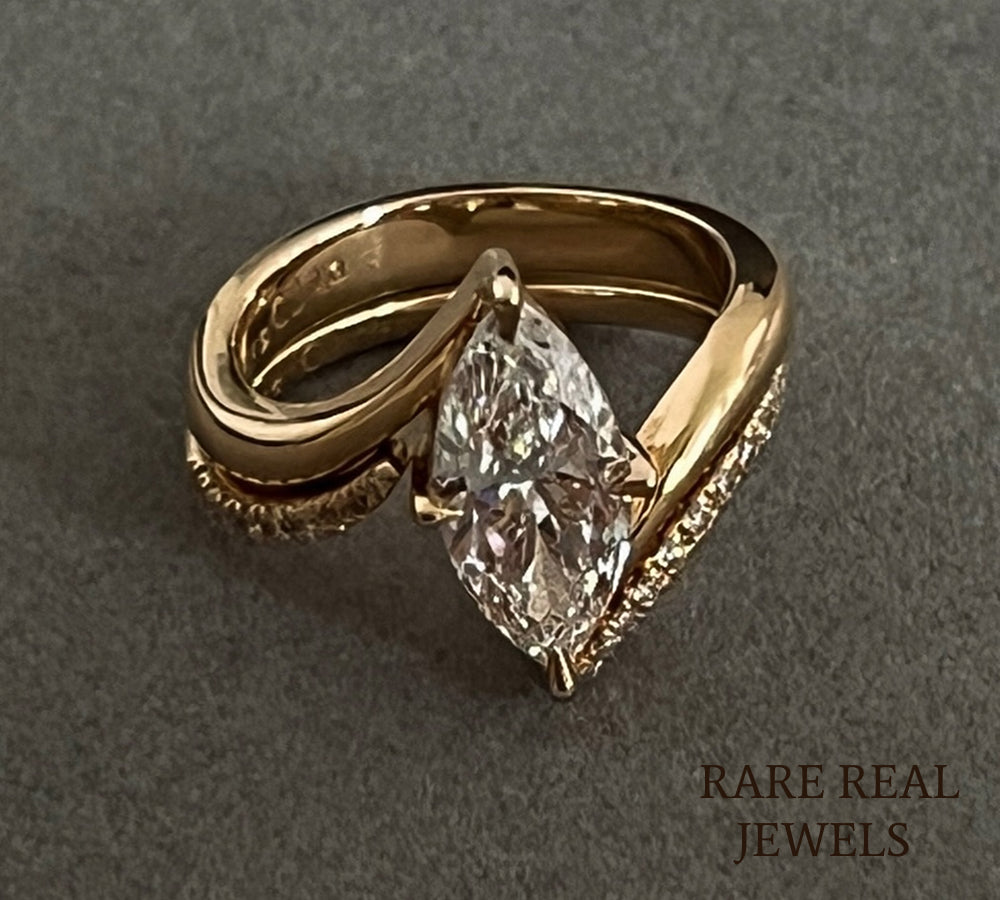 Marquise Cut Diamond Engagement Ring, 14K Yellow Gold Bypass Ring, Minimalist Bridal Ring, Marquise Solitaire, Anniversary Gift