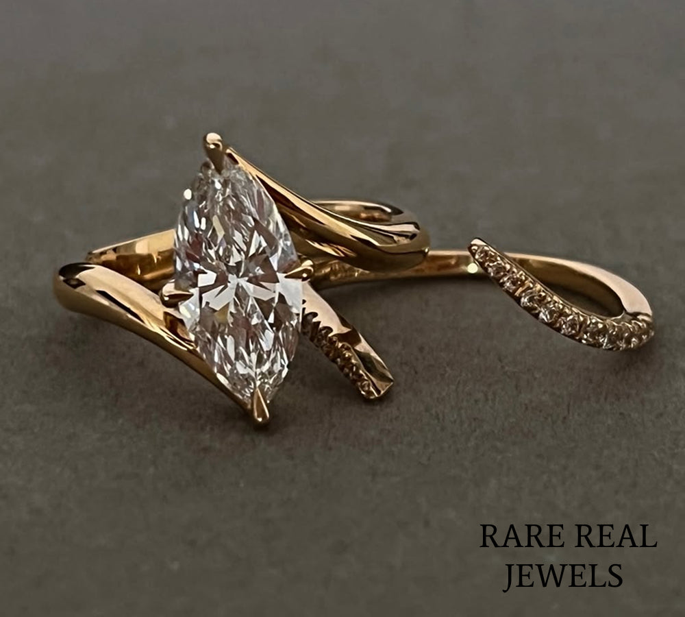 Marquise Cut Diamond Engagement Ring, 14K Yellow Gold Bypass Ring, Minimalist Bridal Ring, Marquise Solitaire, Anniversary Gift