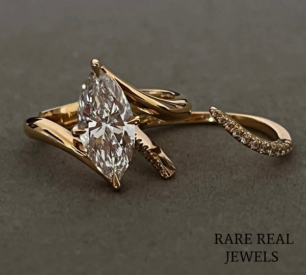 Marquise Cut Diamond Engagement Ring, 14K Yellow Gold Bypass Ring, Minimalist Bridal Ring, Marquise Solitaire, Anniversary Gift