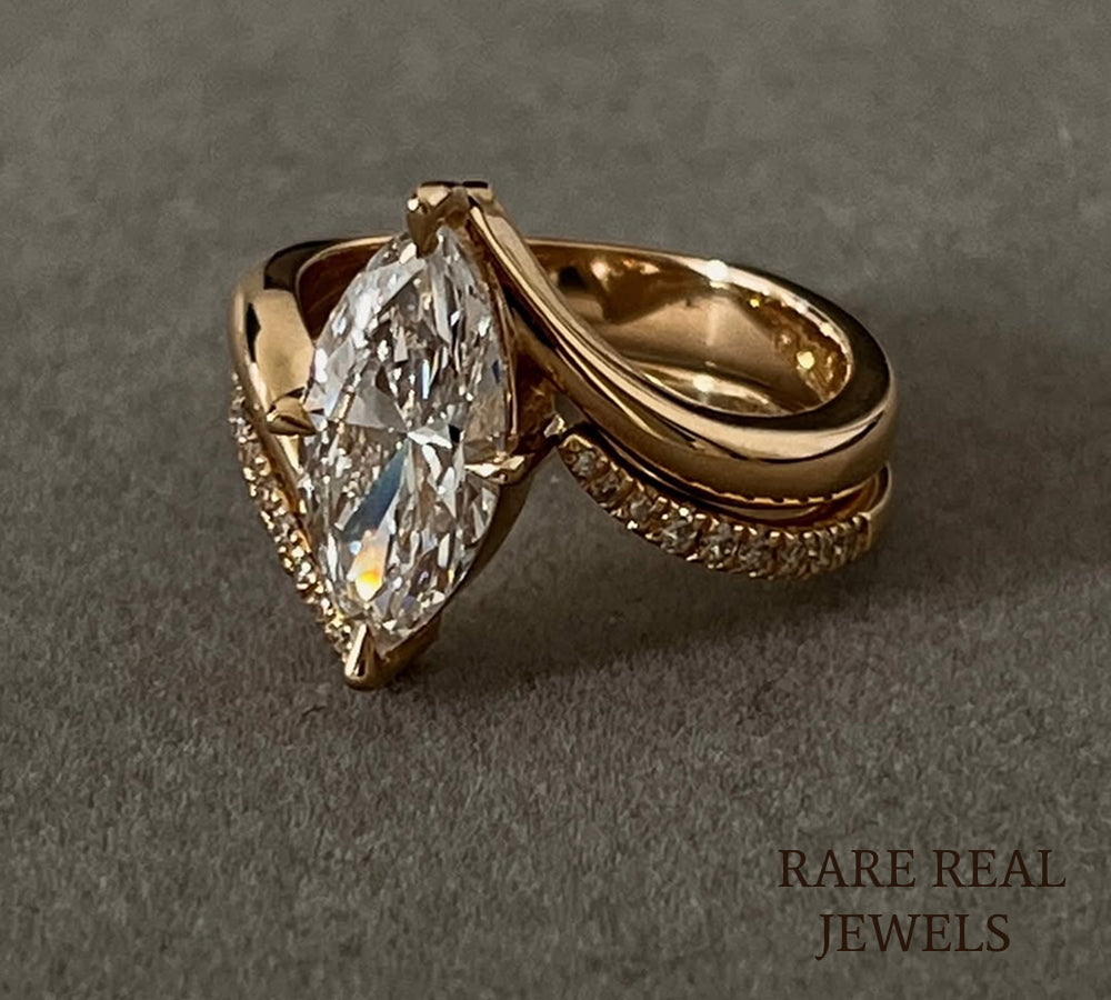 Marquise Cut Diamond Engagement Ring, 14K Yellow Gold Bypass Ring, Minimalist Bridal Ring, Marquise Solitaire, Anniversary Gift