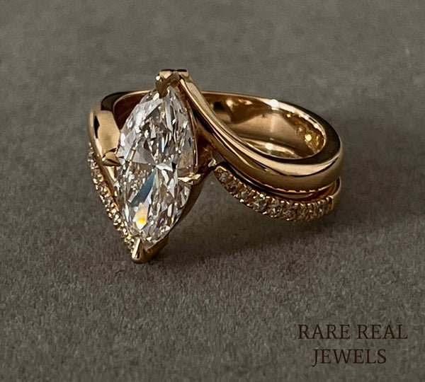 Marquise Cut Diamond Engagement Ring, 14K Yellow Gold Bypass Ring, Minimalist Bridal Ring, Marquise Solitaire, Anniversary Gift