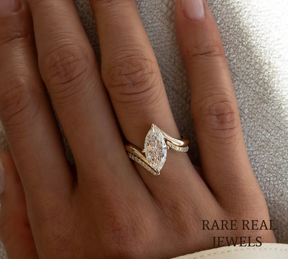 Marquise Cut Diamond Engagement Ring, 14K Yellow Gold Bypass Ring, Minimalist Bridal Ring, Marquise Solitaire, Anniversary Gift