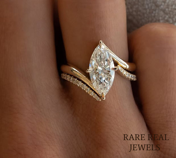 Marquise Cut Diamond Engagement Ring, 14K Yellow Gold Bypass Ring, Minimalist Bridal Ring, Marquise Solitaire, Anniversary Gift