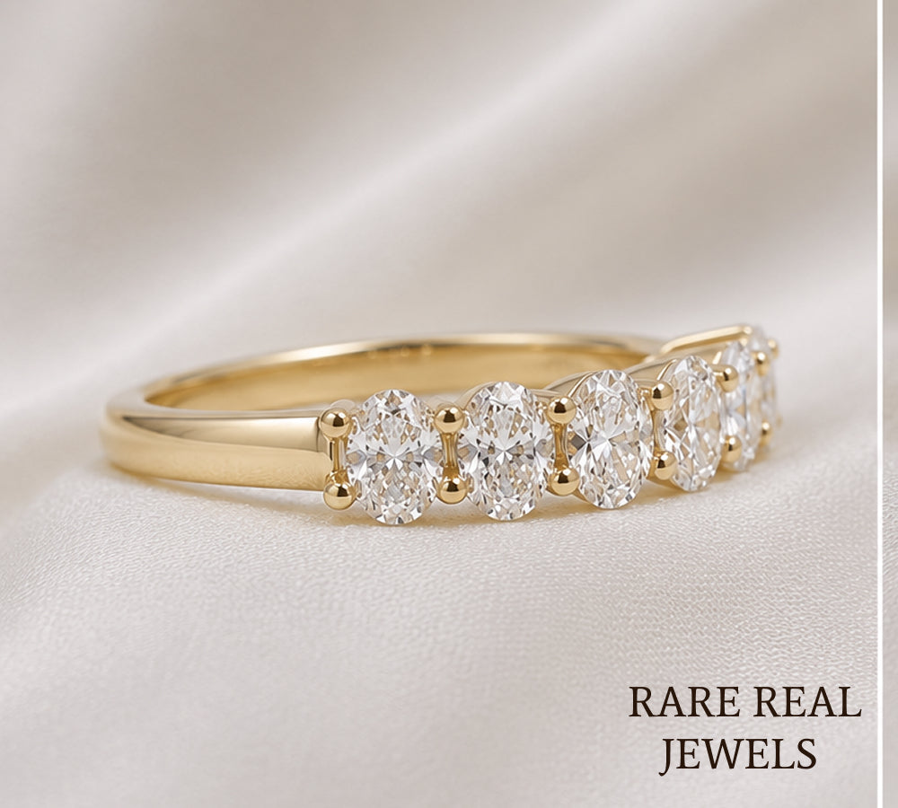 Oval Lab Diamond Wedding Band, 14K Yellow Gold Half Eternity Ring, Diamond Anniversary Band, Stackable Bridal Ring
