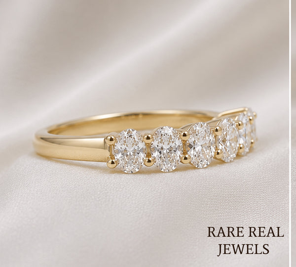 Oval Lab Diamond Wedding Band, 14K Yellow Gold Half Eternity Ring, Diamond Anniversary Band, Stackable Bridal Ring