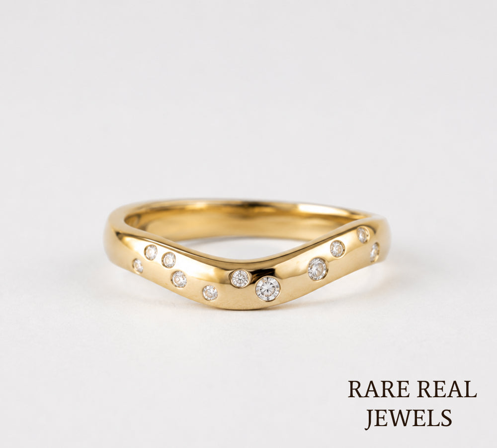 Curved Diamond Wedding Band, 14K Yellow Gold Contour Ring, Bezel Set Lab Diamond Band, Stackable Bridal Ring