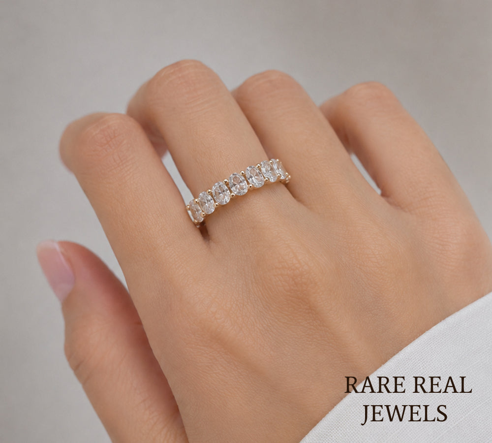 Oval Lab Diamond Wedding Band, 14K Yellow Gold Half Eternity Ring, Diamond Anniversary Band, Stackable Bridal Ring Secondary image