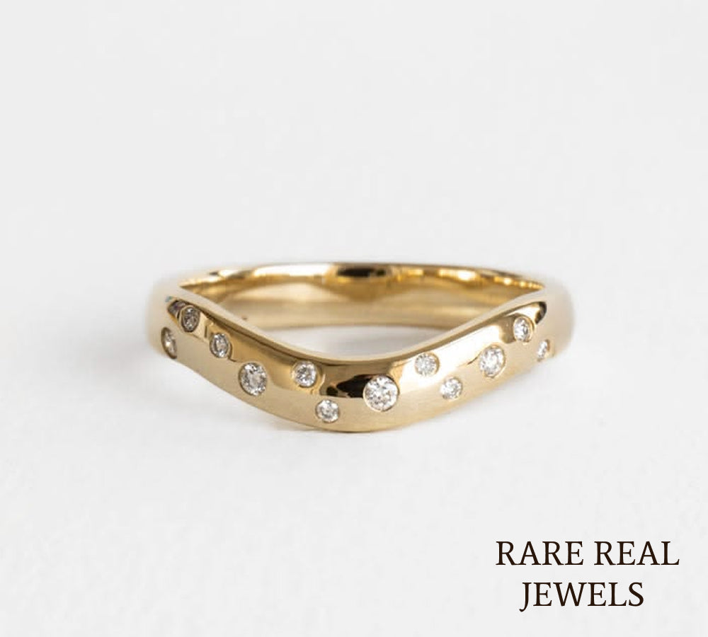 Curved Diamond Wedding Band, 14K Yellow Gold Contour Ring, Bezel Set Lab Diamond Band, Stackable Bridal Ring