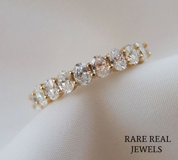 Oval Lab Diamond Wedding Band, 14K Yellow Gold Half Eternity Ring, Diamond Anniversary Band, Stackable Bridal Ring