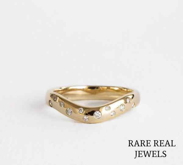 Curved Diamond Wedding Band, 14K Yellow Gold Contour Ring, Bezel Set Lab Diamond Band, Stackable Bridal Ring