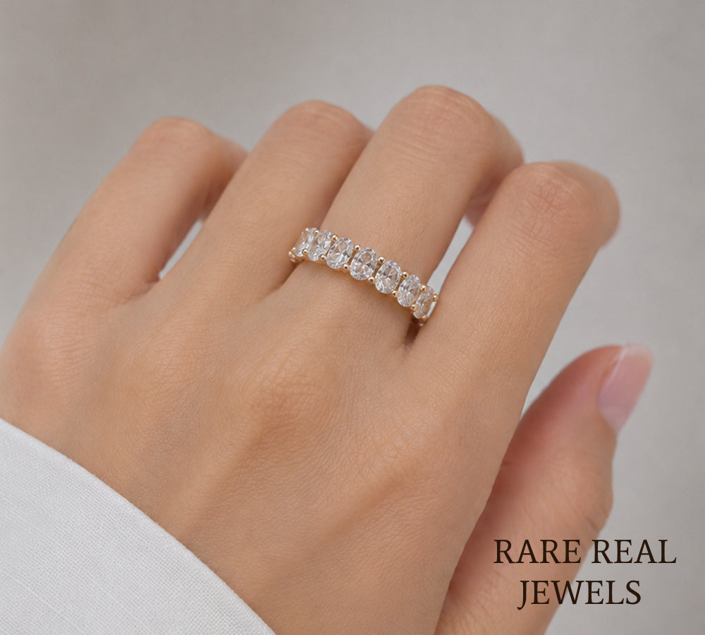 Oval Lab Diamond Wedding Band, 14K Yellow Gold Half Eternity Ring, Diamond Anniversary Band, Stackable Bridal Ring