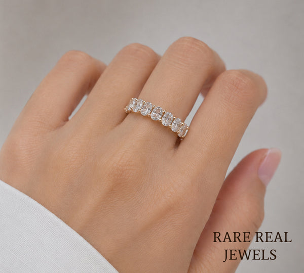 Oval Lab Diamond Wedding Band, 14K Yellow Gold Half Eternity Ring, Diamond Anniversary Band, Stackable Bridal Ring
