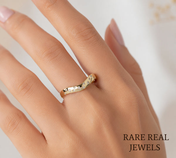 Curved Diamond Wedding Band, 14K Yellow Gold Contour Ring, Bezel Set Lab Diamond Band, Stackable Bridal Ring