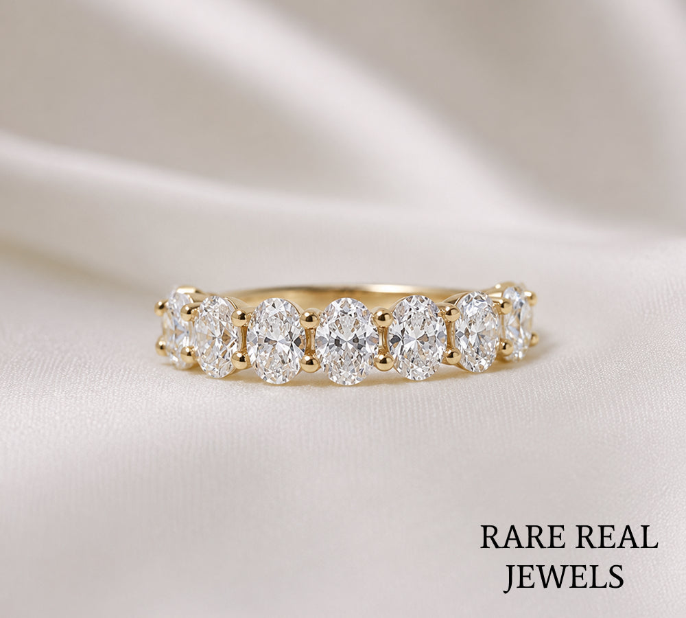 Oval Lab Diamond Wedding Band, 14K Yellow Gold Half Eternity Ring, Diamond Anniversary Band, Stackable Bridal Ring Main image