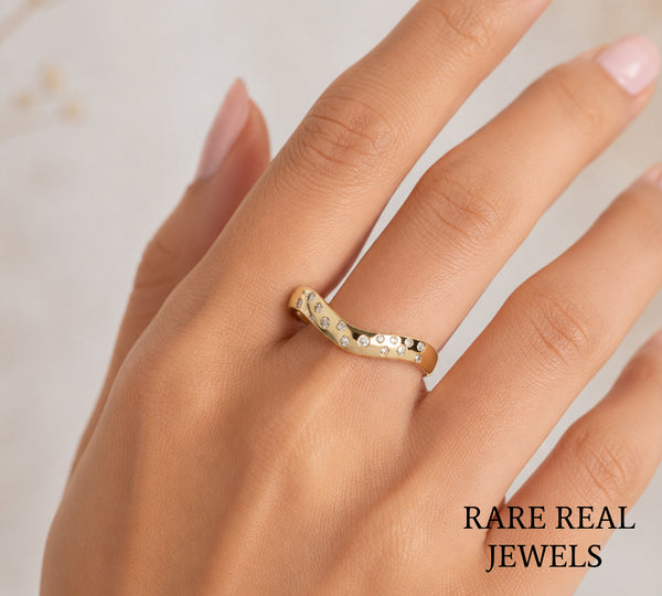 Curved Diamond Wedding Band, 14K Yellow Gold Contour Ring, Bezel Set Lab Diamond Band, Stackable Bridal Ring