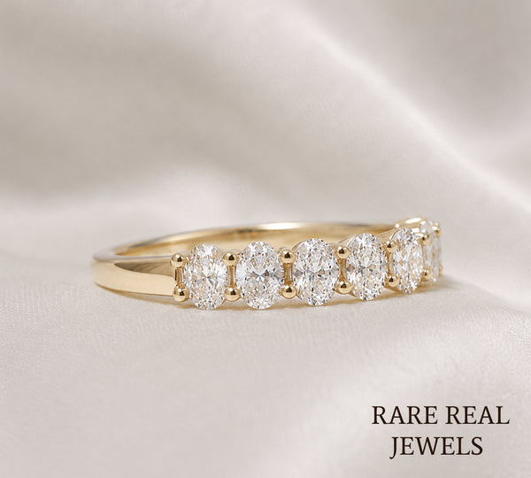 Oval Lab Diamond Wedding Band, 14K Yellow Gold Half Eternity Ring, Diamond Anniversary Band, Stackable Bridal Ring