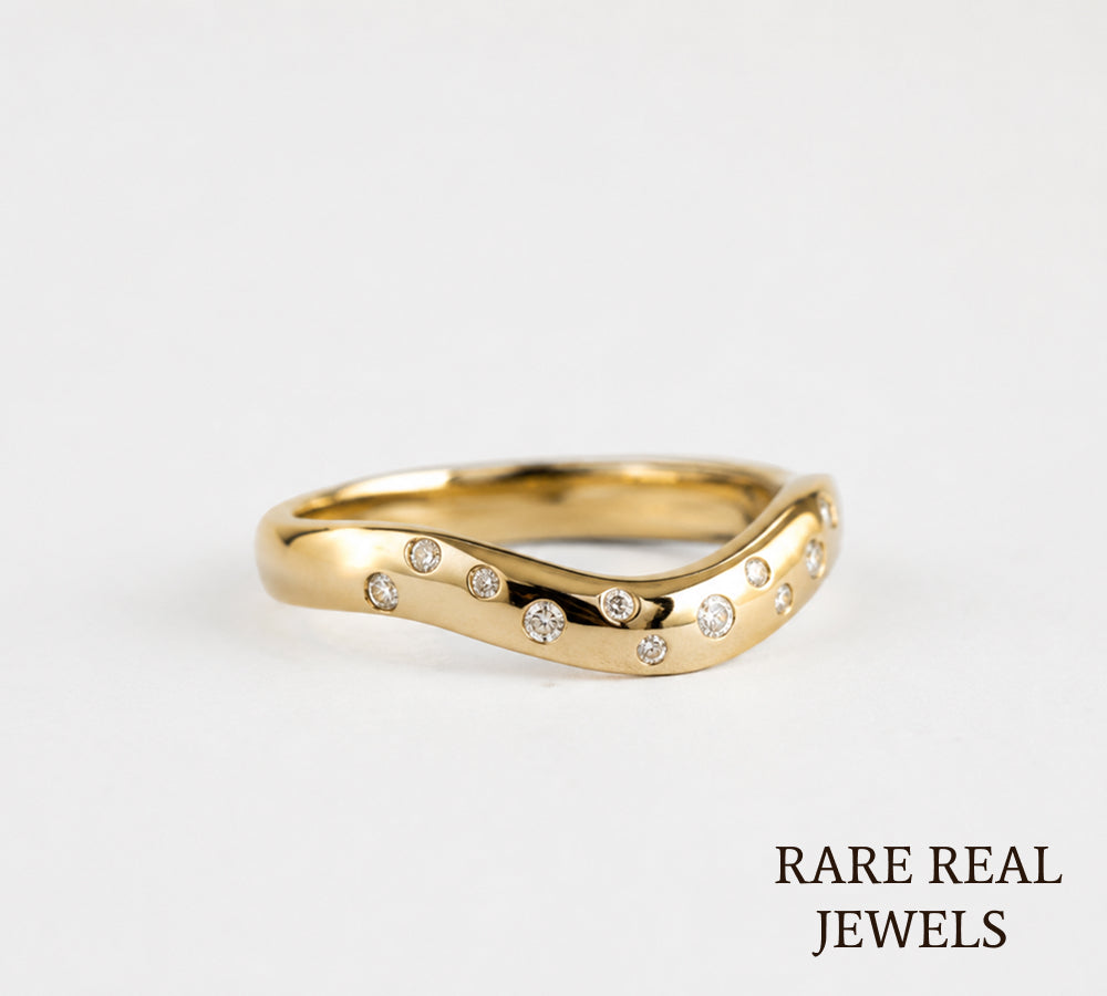 Curved Diamond Wedding Band, 14K Yellow Gold Contour Ring, Bezel Set Lab Diamond Band, Stackable Bridal Ring