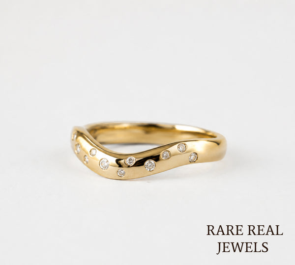 Curved Diamond Wedding Band, 14K Yellow Gold Contour Ring, Bezel Set Lab Diamond Band, Stackable Bridal Ring