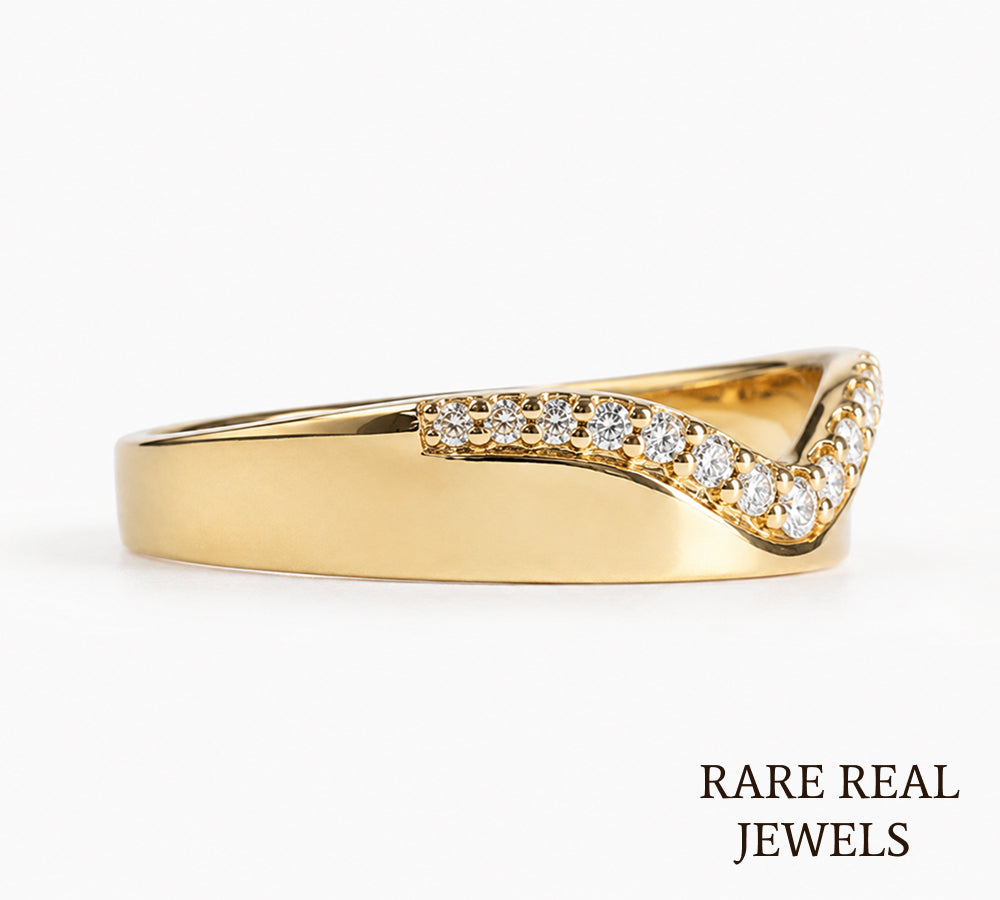 Curved Diamond Wedding Band, 14K Yellow Gold Chevron Ring, Lab Diamond Stackable Band, Contour Bridal Ring