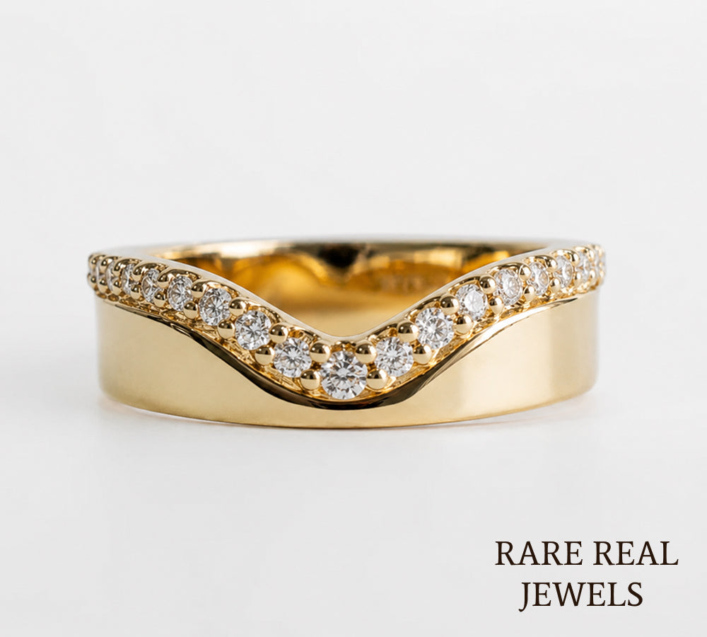 Curved Diamond Wedding Band, 14K Yellow Gold Chevron Ring, Lab Diamond Stackable Band, Contour Bridal Ring Main image