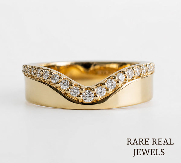 Curved Diamond Wedding Band, 14K Yellow Gold Chevron Ring, Lab Diamond Stackable Band, Contour Bridal Ring