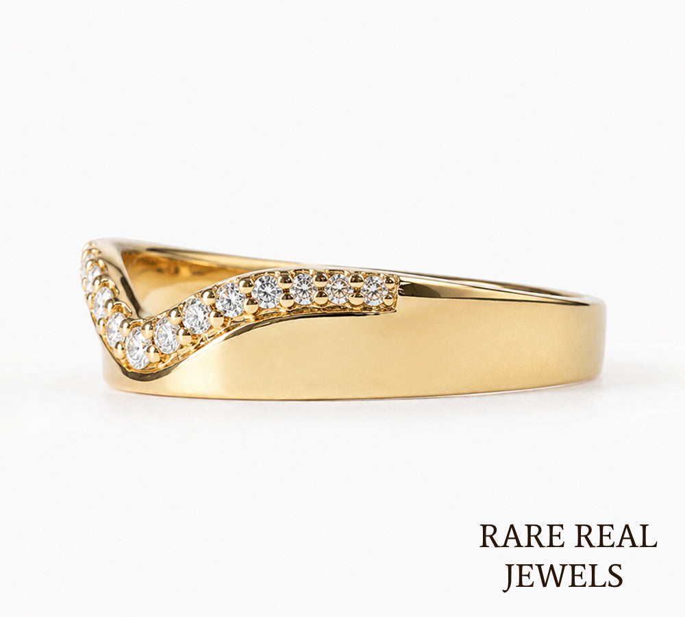 Curved Diamond Wedding Band, 14K Yellow Gold Chevron Ring, Lab Diamond Stackable Band, Contour Bridal Ring