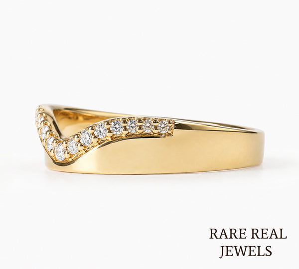 Curved Diamond Wedding Band, 14K Yellow Gold Chevron Ring, Lab Diamond Stackable Band, Contour Bridal Ring
