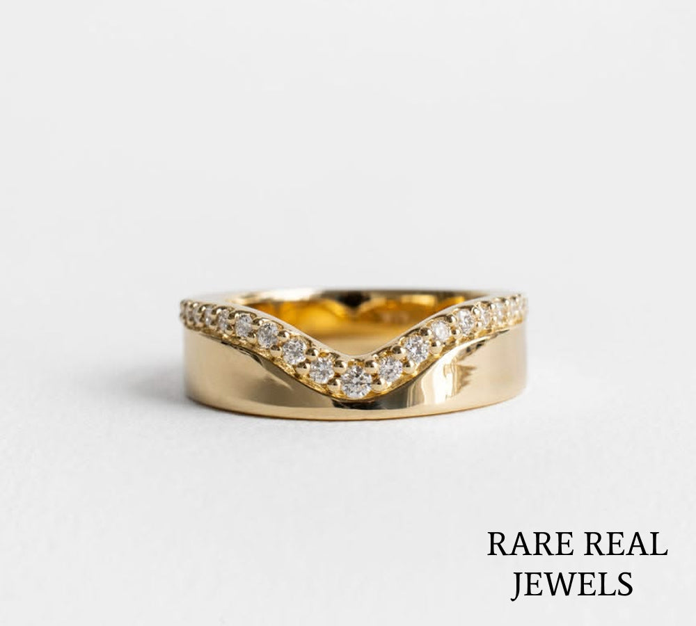 Curved Diamond Wedding Band, 14K Yellow Gold Chevron Ring, Lab Diamond Stackable Band, Contour Bridal Ring