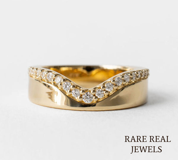 Curved Diamond Wedding Band, 14K Yellow Gold Chevron Ring, Lab Diamond Stackable Band, Contour Bridal Ring