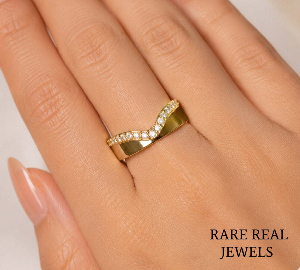 Curved Diamond Wedding Band, 14K Yellow Gold Chevron Ring, Lab Diamond Stackable Band, Contour Bridal Ring Secondary image