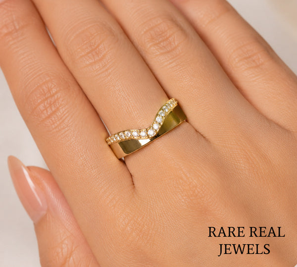 Curved Diamond Wedding Band, 14K Yellow Gold Chevron Ring, Lab Diamond Stackable Band, Contour Bridal Ring