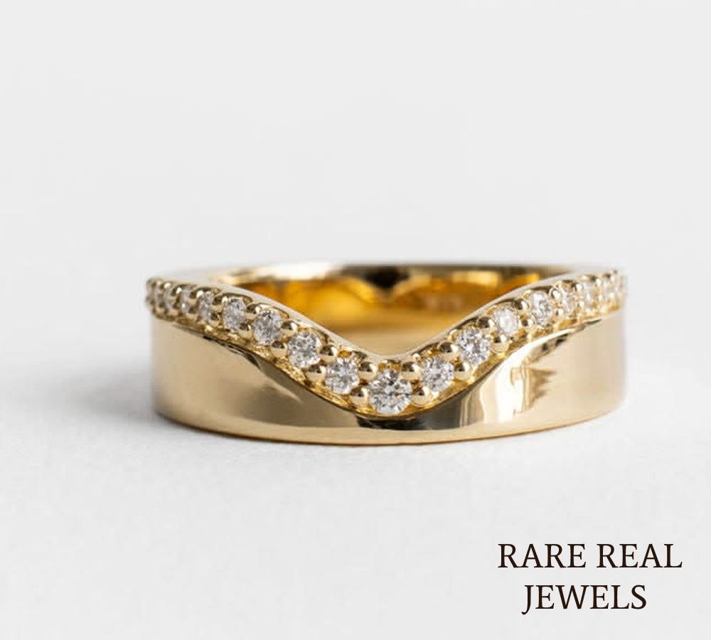 Curved Diamond Wedding Band, 14K Yellow Gold Chevron Ring, Lab Diamond Stackable Band, Contour Bridal Ring