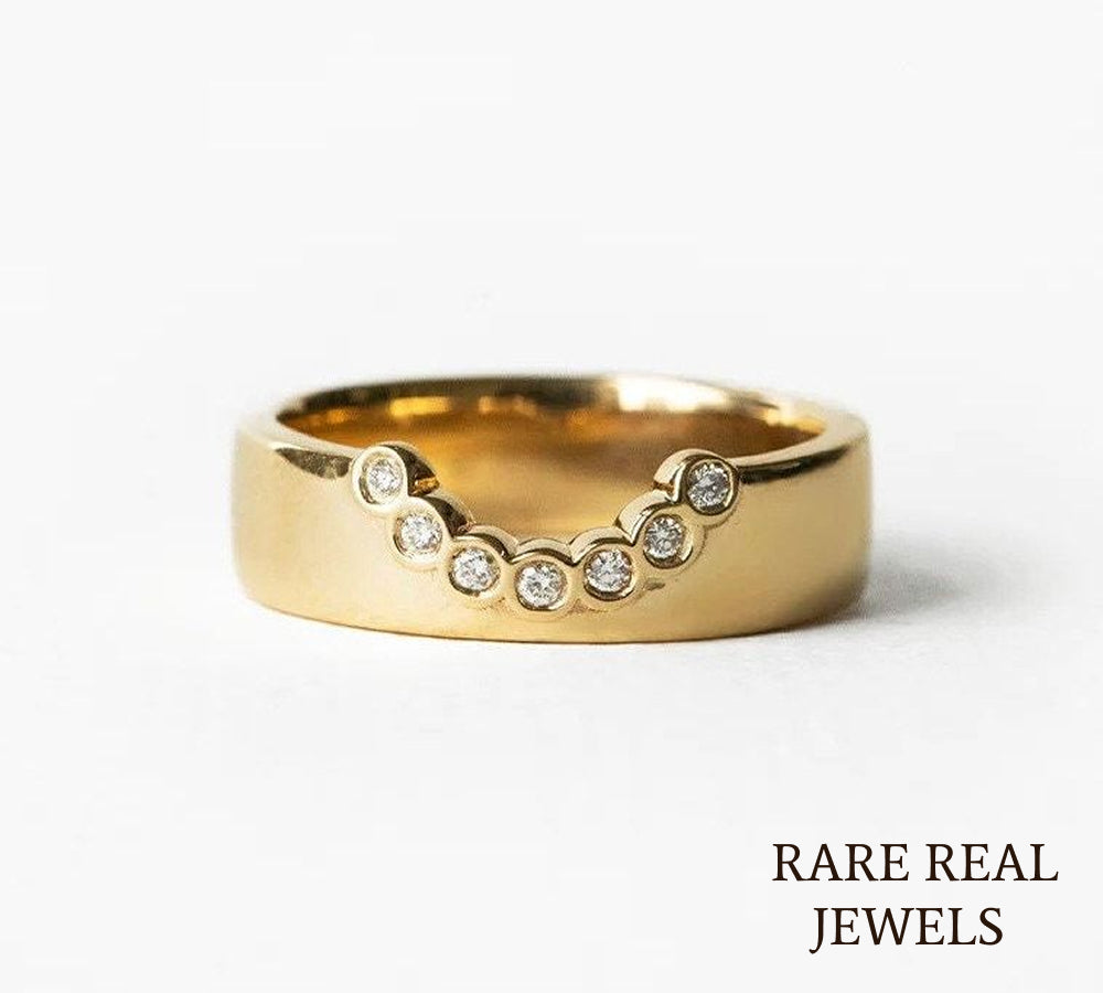 Curved Diamond Wedding Band, 14K Yellow Gold Bezel Diamond Ring, Lab Diamond Contour Band, Stackable Bridal Ring Main image