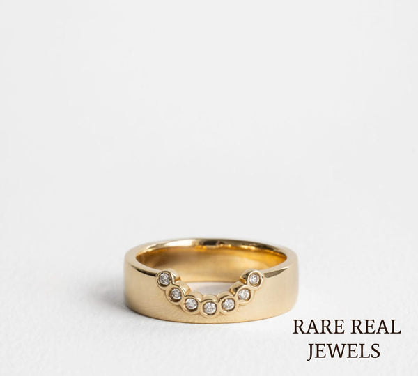 Curved Diamond Wedding Band, 14K Yellow Gold Bezel Diamond Ring, Lab Diamond Contour Band, Stackable Bridal Ring