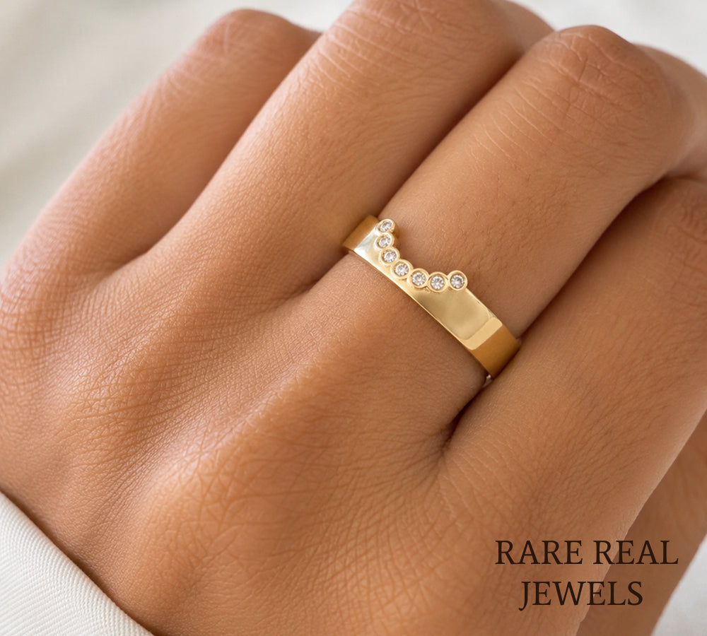 Curved Diamond Wedding Band, 14K Yellow Gold Bezel Diamond Ring, Lab Diamond Contour Band, Stackable Bridal Ring Secondary image