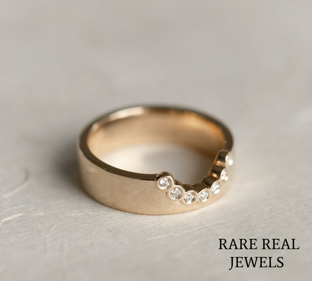Curved Diamond Wedding Band, 14K Yellow Gold Bezel Diamond Ring, Lab Diamond Contour Band, Stackable Bridal Ring