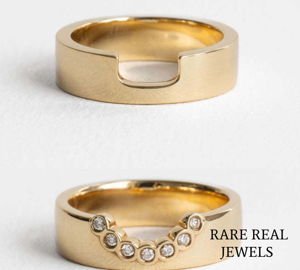 Curved Diamond Wedding Band, 14K Yellow Gold Bezel Diamond Ring, Lab Diamond Contour Band, Stackable Bridal Ring